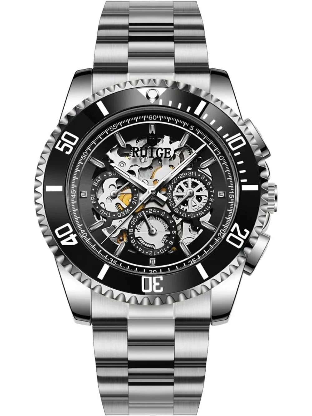 Men's Black Automatic Skeleton 43mm Mechanical Luminous Stainless Steel Watch